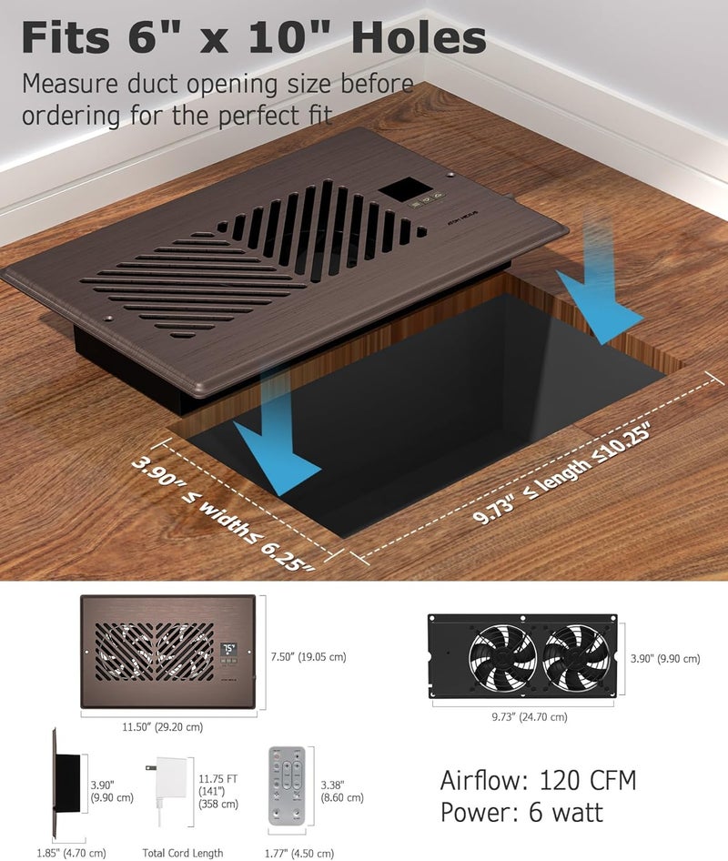 ATOM NEXUS Quiet Register Booster Fan, Smart Vent Booster Fan with Thermostat Control & Remote Control, 10-Speed Control Heating Cooling AC Vent (Brown, 6 x 10 inch) - Image 2